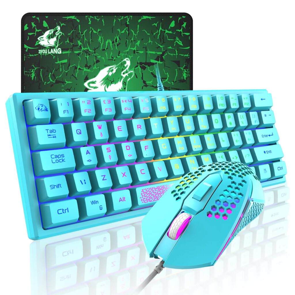 MAGIC-REFINER RK61 60% Gaming Keyboard and Mouse Combo Rainbow LED Backlit Keyboard with 61 Keys Membrane Mini Portable Ultralight Gaming Mouse 6400 DPI,Gaming Mouse Pad for Windows PC Gamers(Blue)