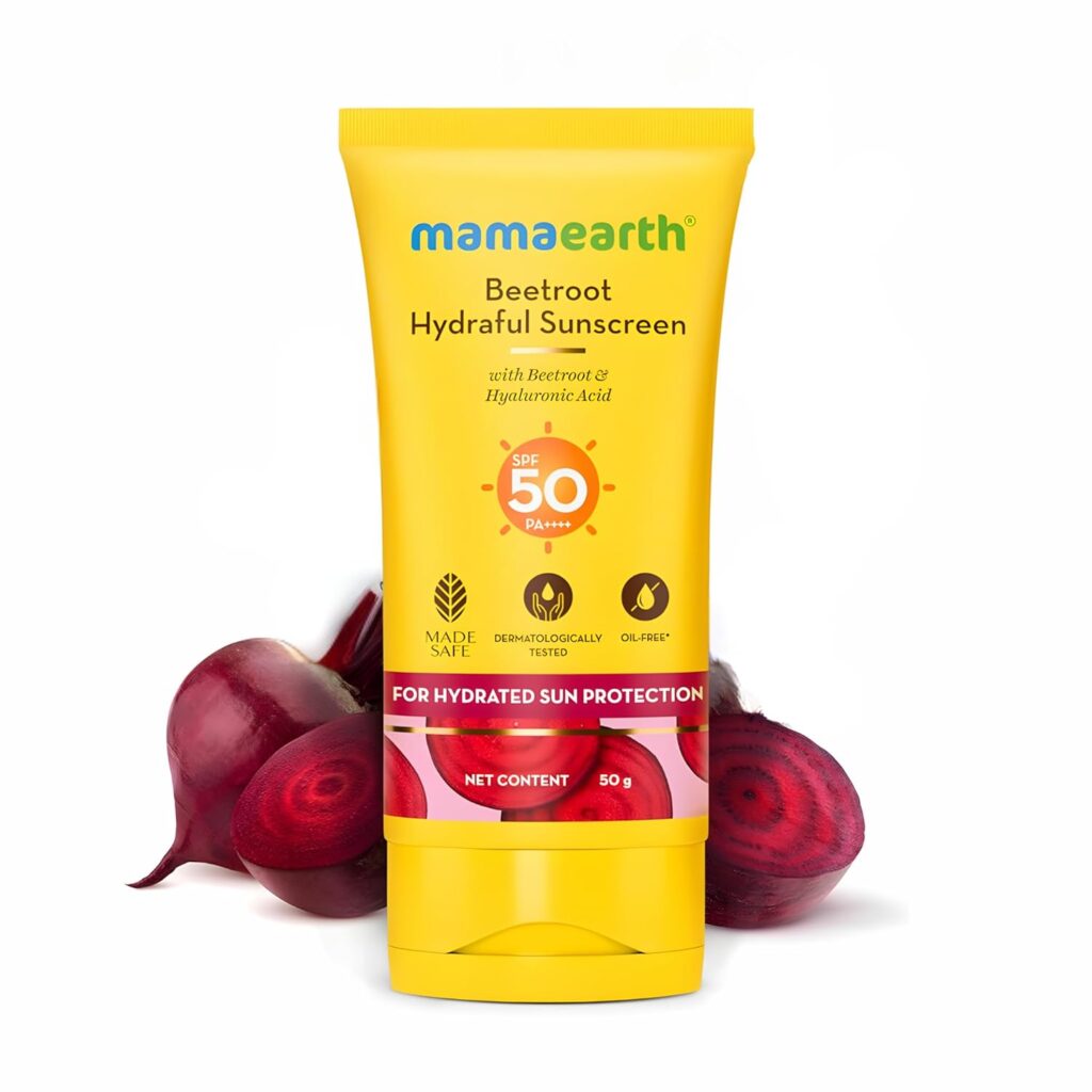 Mamaearth Beetroot Hydraful Sunscreen With Hyaluronic Acid | SPF 50 & PA++++ | UVA & B Protection | Tan Protection | Hydrates Skin | No white cast | For Oily, Combination & Dry Skin | 50 g