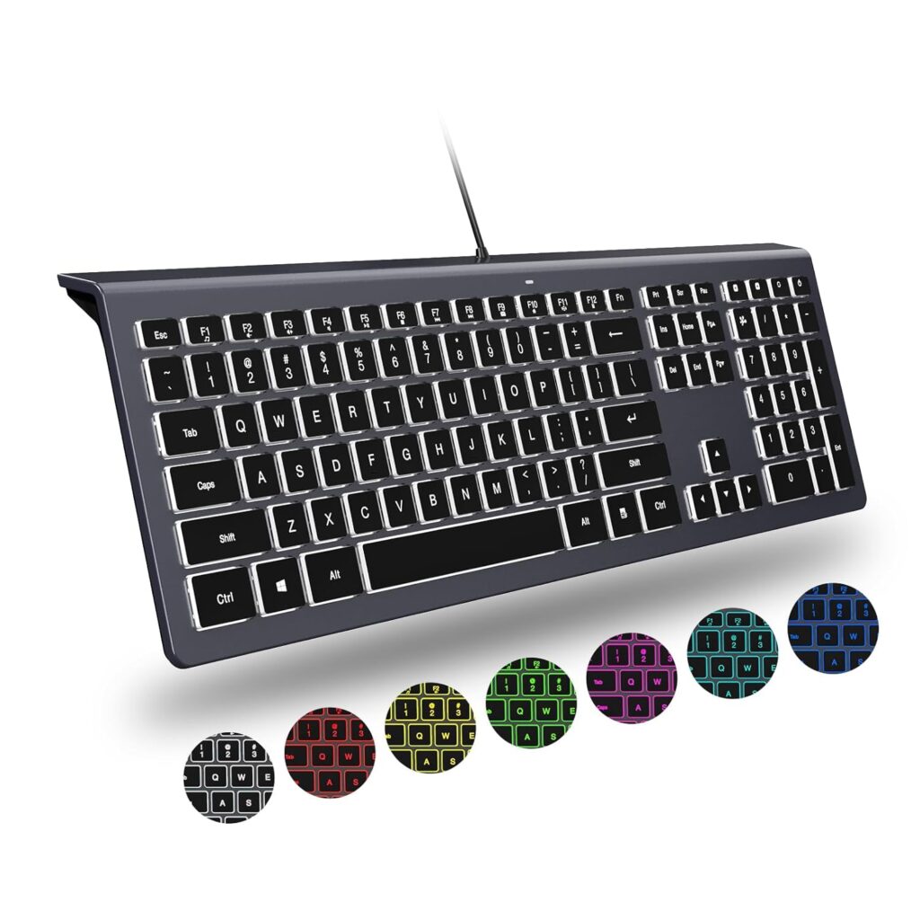 B.FRIENDIT Backlit Wired USB Keyboard, Comfortable Quiet, Low Profile Flat Chocolate/Scissor Keys, Durable Ultra-Slim for Windows 11/10 / 8/7 / Vista Desktop PC, Laptop - Black Grey