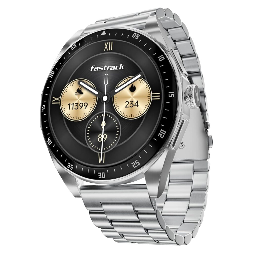 Fastrack Radiant FX1 1.43" AMOLED Metal Smart Watch with Functional Crown, BT Calling, AOD, 100+ Sports Modes, Health Tracking, IP68 Water Resistance – Smartwatch for Men & Women (Silver)