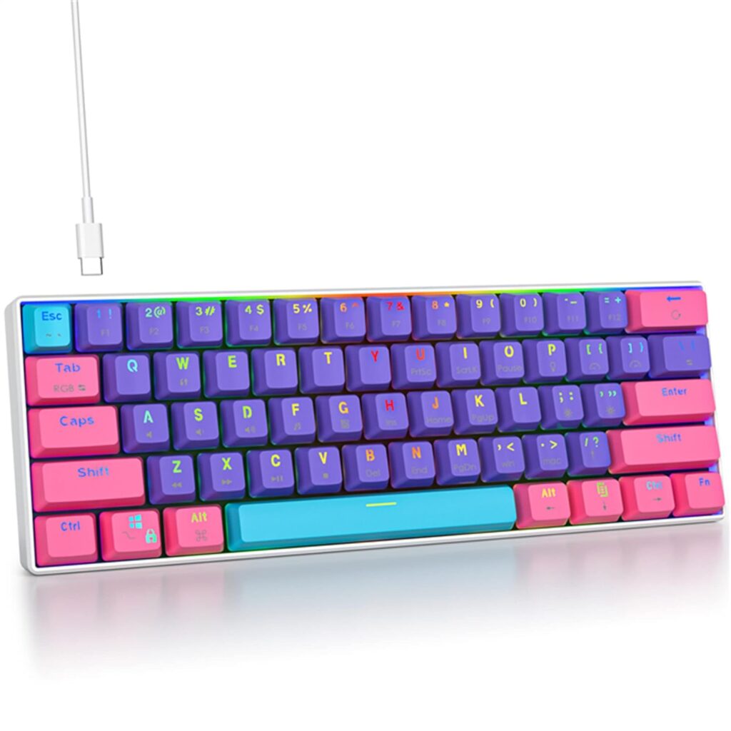 Mosptnspg Portable 60% Percent Mechanical Gaming Keyboard, Mini Ultra-Compact RGB Backlit 61 Keys Wired Game Office Keyboard with PBT keycaps & red Switch for Mac/Win Gamers(Purple/red Switch)
