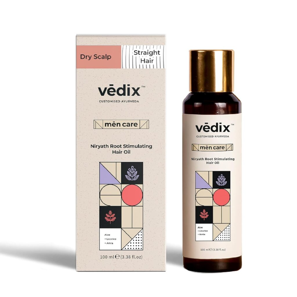 Vedix Customized Ayurvedic Mens Hair Oil for Hair Growth - Vedix Niryath Root Stimulating Hair Oil With Aloe Vera + Licorice + Amla Customized For Dry Scalp & Straight Hair - 100ml