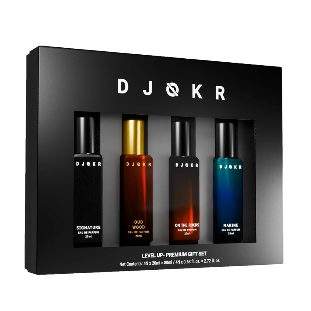 Djokr Perfume for Man | 4x20 ML | Perfume for Men Long Lasting Smell, Gift for Man, Eau De Parfum Men, Premium Luxury Long Lasting Fragrance Spray (On The Rocks, Oud Wood, Signature, Marine)