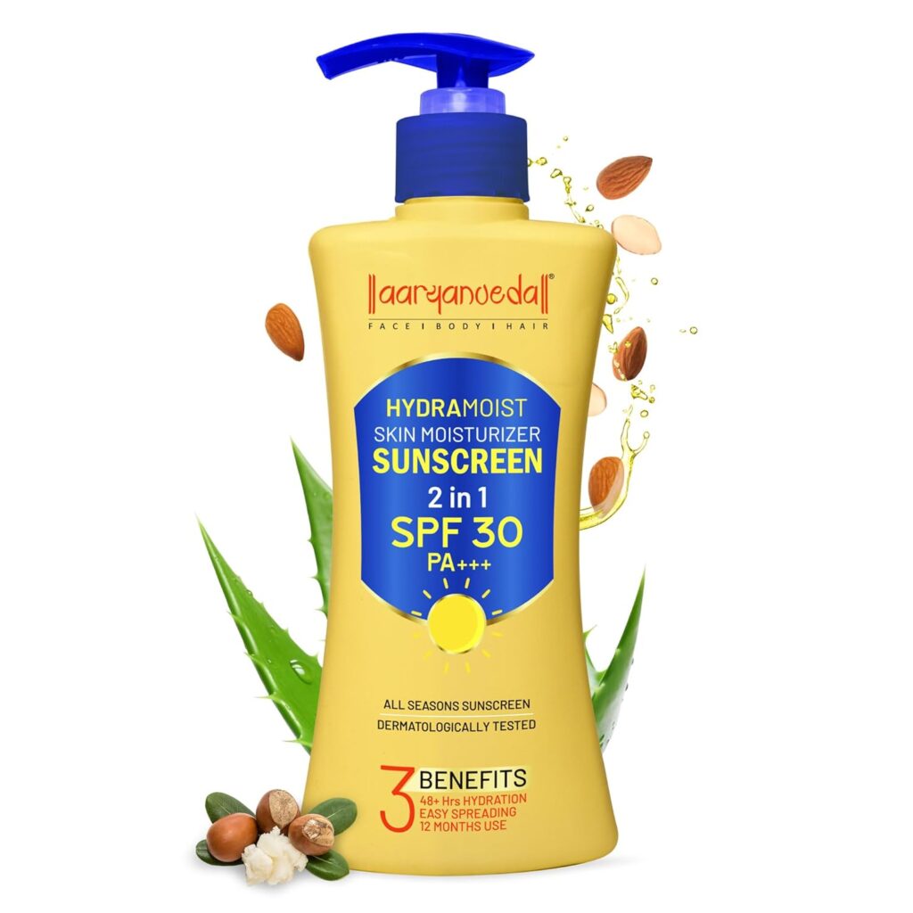 Aryanveda HydraMoist Skin Moisturiser Sunscreen 2-in-1 SPF 30 PA+++ | 48-Hour Hydration, Lightweight & Easy Spreading, All-Season Use 200ml