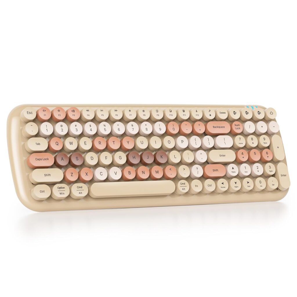 Wireless Bluetooth Typewriter Keyboard, 100 Keys Retro Round Keycap Colorful Mechanical Feel Membrane Office Candy Brown Keyboard, for PC/Mac/Laptop/Tablet/Computer Windows (Milk Tea Brown)