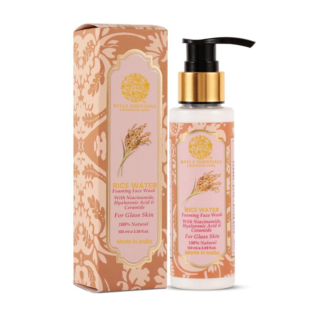 RYLLZ ESSENTIALS Rice Water Face Wash | with 5% Niacinamide, 2% Hyaluronic Acid, Ceramide, Vitamin E & Moringa Oil | For Glass Skin, Dark Spots, Oil Control, Open Pores, Uneven & Dull | Japanese Rice Ferment Extract | For All Skin Types | Korean Skincare | 100ml