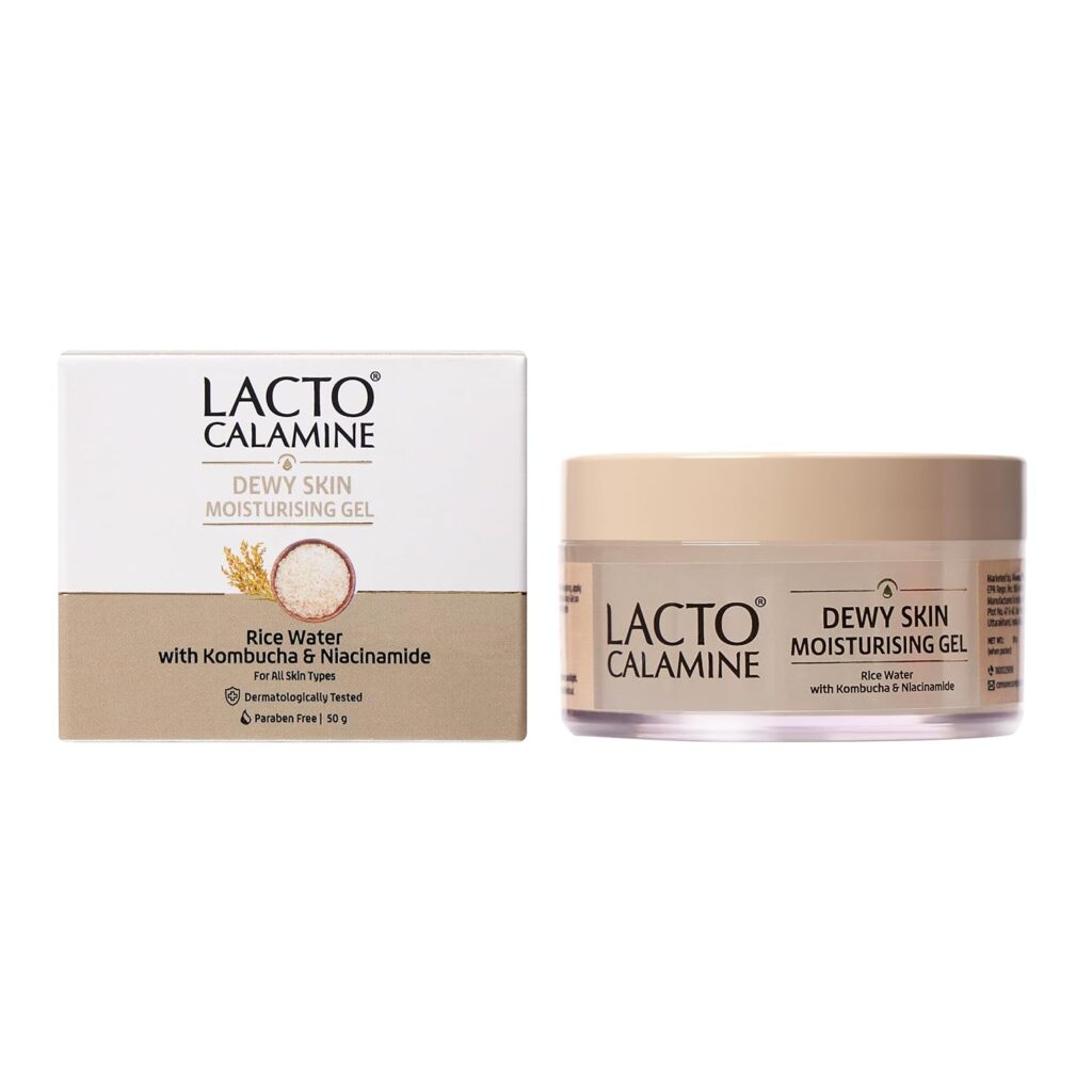 Lacto Calamine Dewy Rice Moisturizer for Face | 50g x Pack of 1 | Face Moisturiser with Rice Water & Niacinamide for Glass Skin | Korean Type Skin | Dermatologically Tested