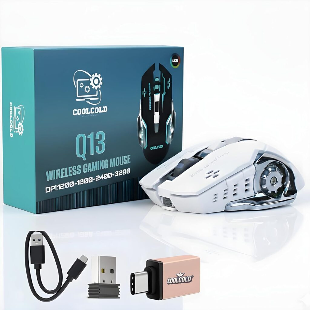 COOLCOLD Gaming Mouse | Rechargeable, Wireless Gaming Mouse | with Type c OTG Dongle, 2.4Ghz RGB Lights Mice, Upto 2400 DPI 6 Button, 4 Color Breathing Lights, Distance-10m, (White)