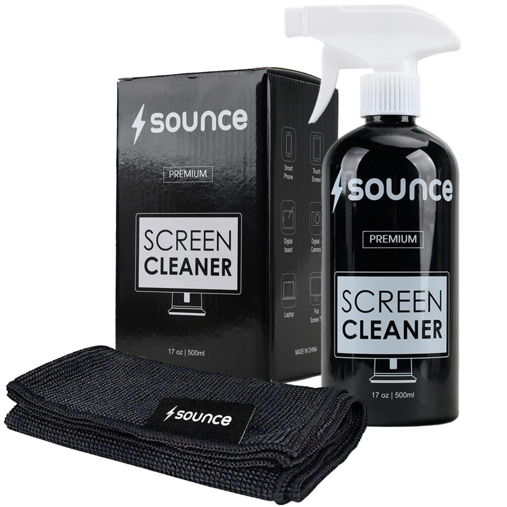 Sounce 2-in-1 Professional Screen Cleaning Kit Non-Toxic, Anti-Static for Camera, Lens, Binocular, Laptop, TV, Monitor, Smartphone, Tablet (Includes: Cleaning Liquid 500ml, Plush Microfiber Cloth)