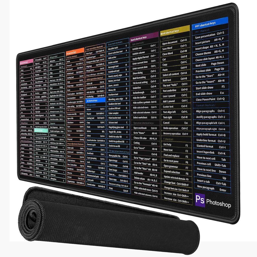 Storite 900x400x2mm Large Anti Slip Keyboard Extended Desk mat/Mouse Pad with PS | AI | CDR | PR | Word | Excel | PPT Shortcut Keys Computer mat for Laptop