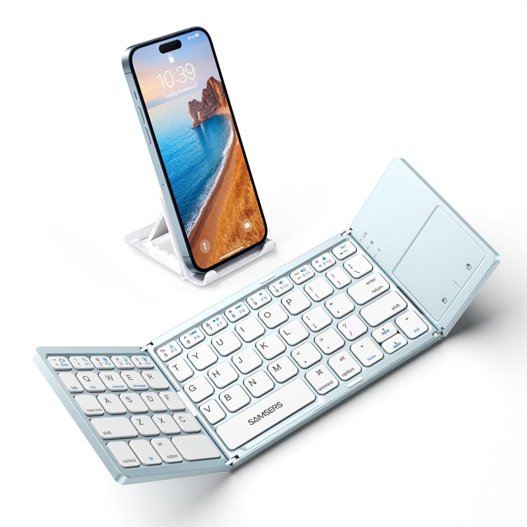 Samsers Foldable Bluetooth Keyboard with Touchpad - Portable Wireless Keyboard with Holder, Rechargeable Full Size Ultra Slim Pocket Folding Key Board for Android Windows iOS Tablet & Laptop - Blue