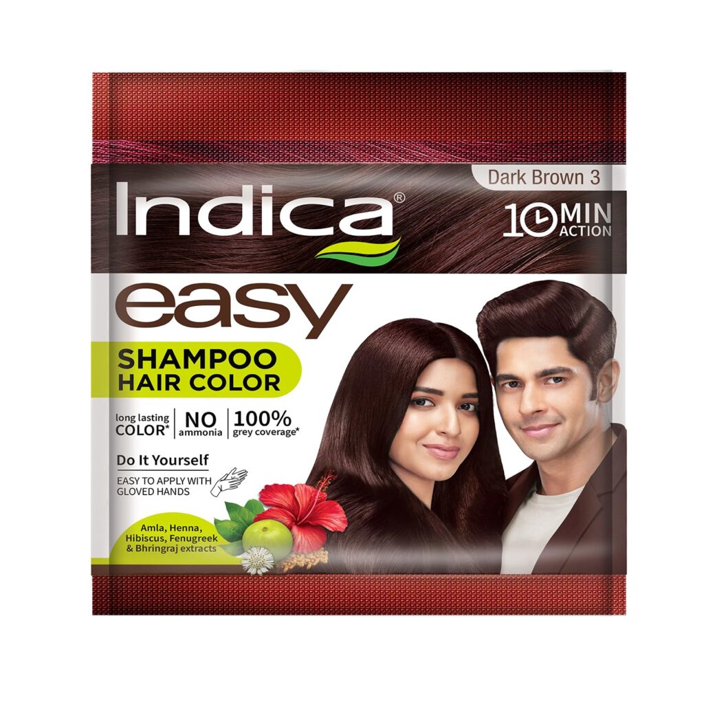Indica Easy Do-It-Yourself 10 Minutes Hair Color Shampoo with 5 Herbal Extracts and 100% Ammonia Free, Long Lasting Formula (12.5g + 12.5ml) - Dark Brown Colour (Gloves Included)