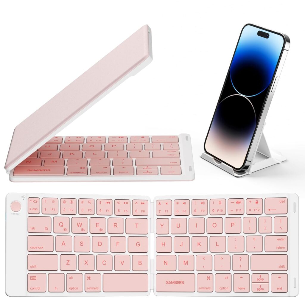 Samsers Bluetooth Foldable Keyboard - Wireless Portable Folding Keyboard, Full-Size Ultra-Slim Rechargeable Connect Up to 3 Devices for iOS, Android, Windows Phone, Tablet, Laptop - Pink