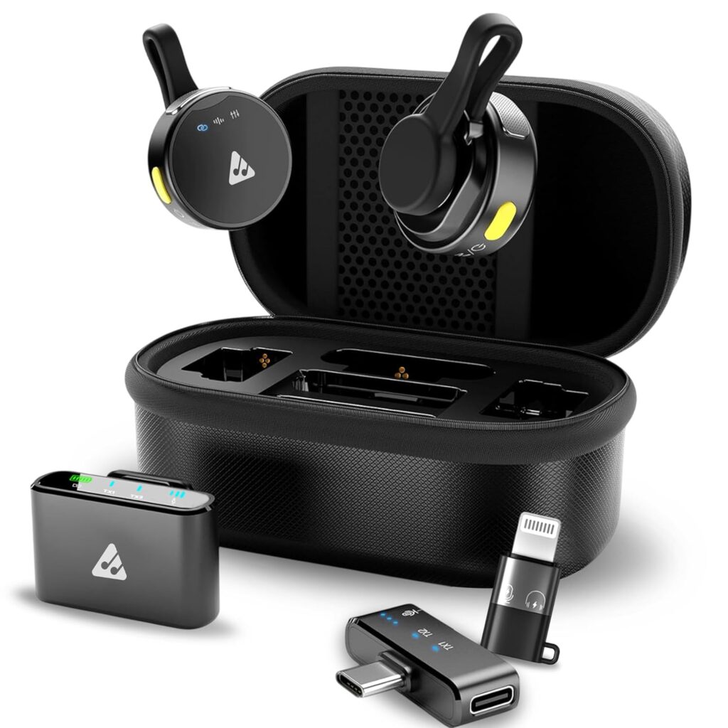 Audio Array AM-W22 | Latest 2025 Edition Wireless Microphone for Camera/iPhone/Android/iPad/Laptop, Lav Mic with Charging Case, AI Noise Reduction, 50H Battery, 230ft Range, for Recording, YouTube