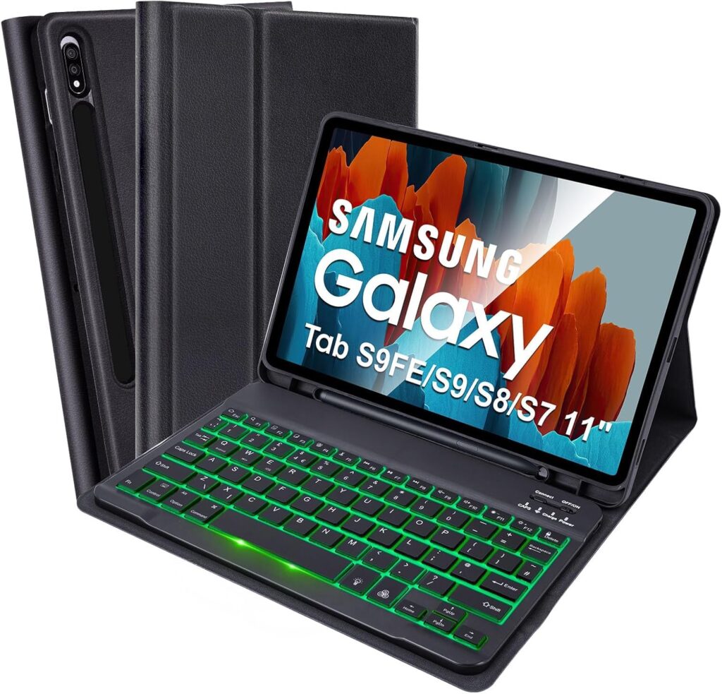 Keyboard Case Compatible with Samsung Galaxy Tab S7/S8/S9/S9FE 11 inch, 7 Color Backlit Detachable Keyboard Magnetic Case with Pen Slot for Samsung Tablet S7/S8/S9/S9FE 11 inch, Black