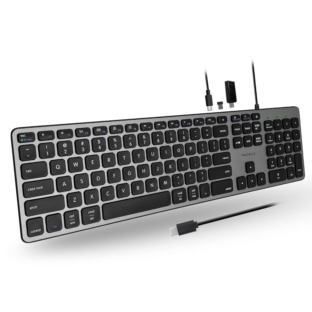 Macally Premium Wired USB C Keyboard With USB Ports - Connect Up to 3 Devices - (2X USB-A |1x USB-C Ports) - For Mac, iMac, Macbook, and PC - Slim Full Size Type-C - Space Gray