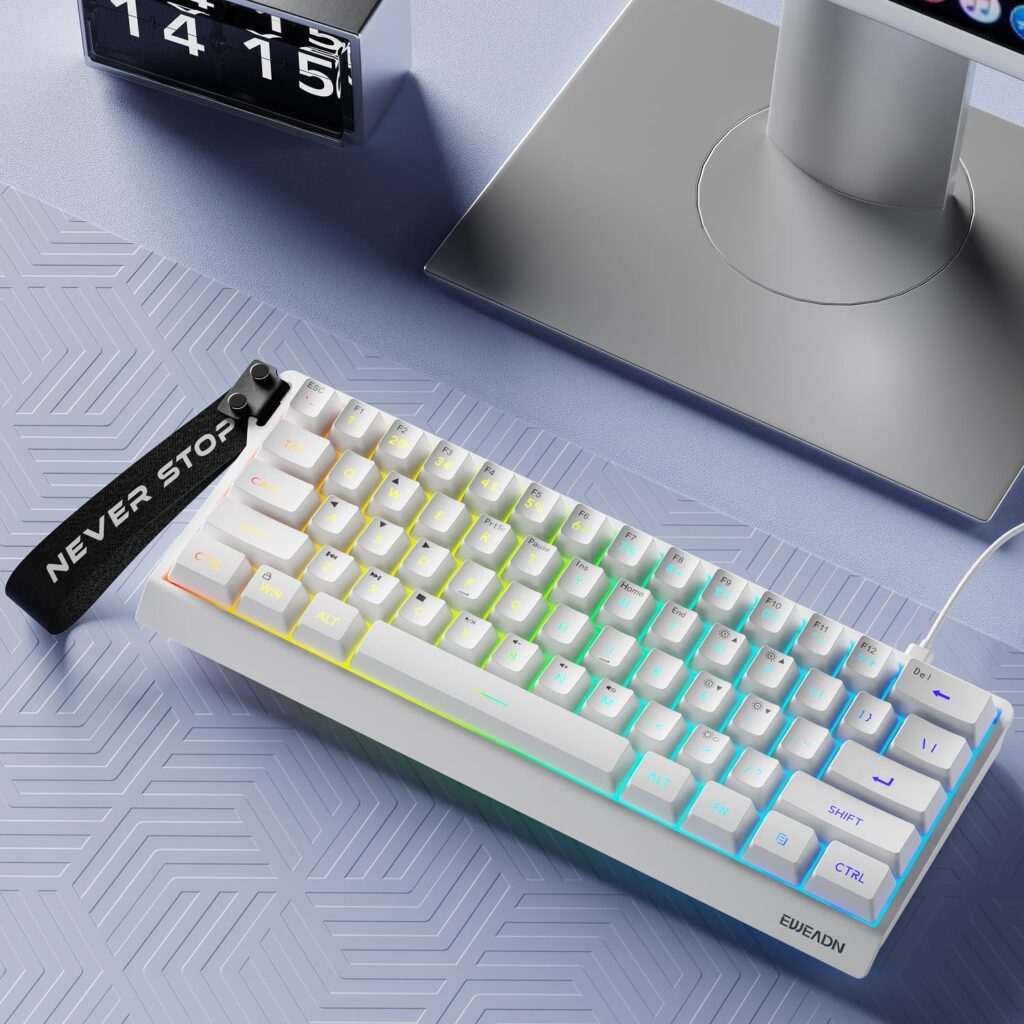 SEUNKWANG EWEADN F61 60% Wired Gaming Keyboard, RGB Backlit Membrane Gaming Keyboard with PBT Keycaps, Compact Design, Lanyard Wired Keyboard for Mac/Win-White