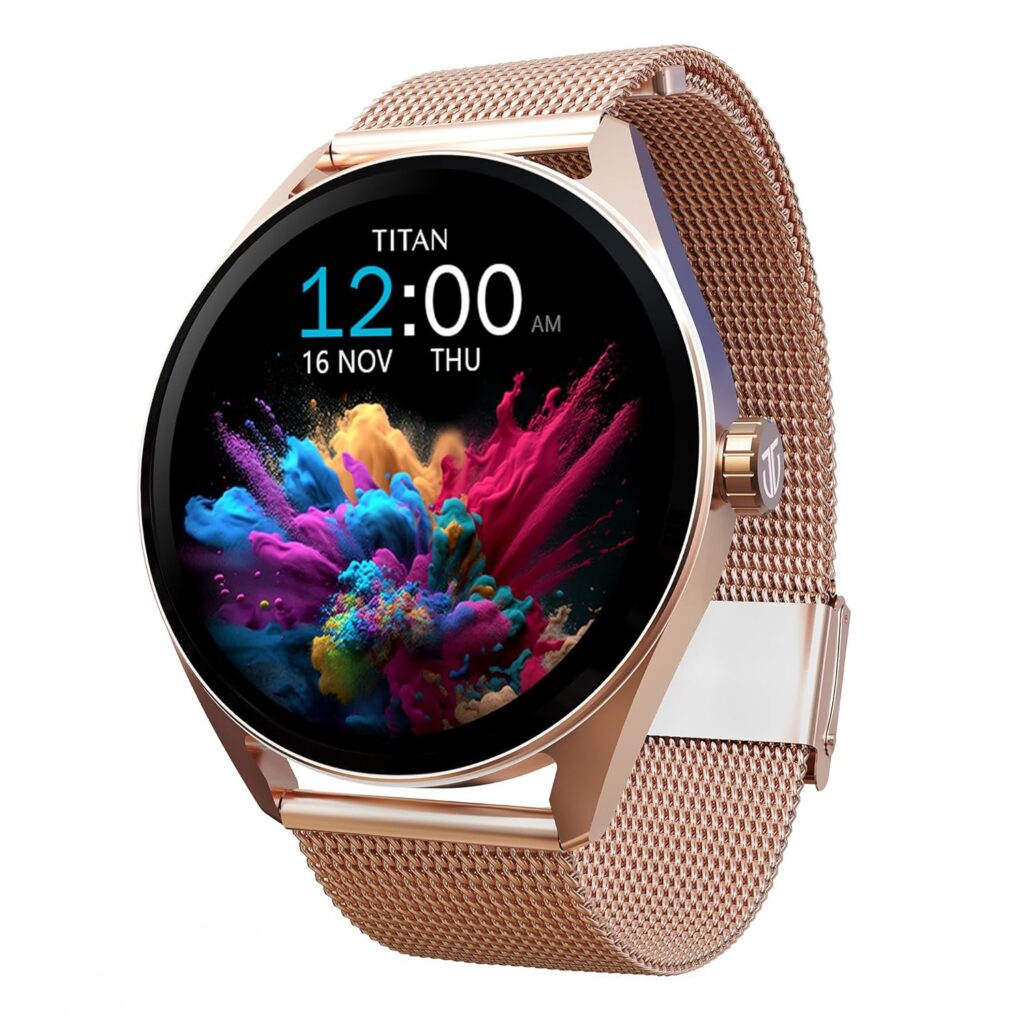 Titan Crest 1.43” AMOLED Smart Watch with BT Calling, AI Morning Briefs, Functional Crown, Health Tracking, Aluminium Body, 100+ Sports Modes, Smartwatch for Men and Women - Rose Gold Mesh Strap