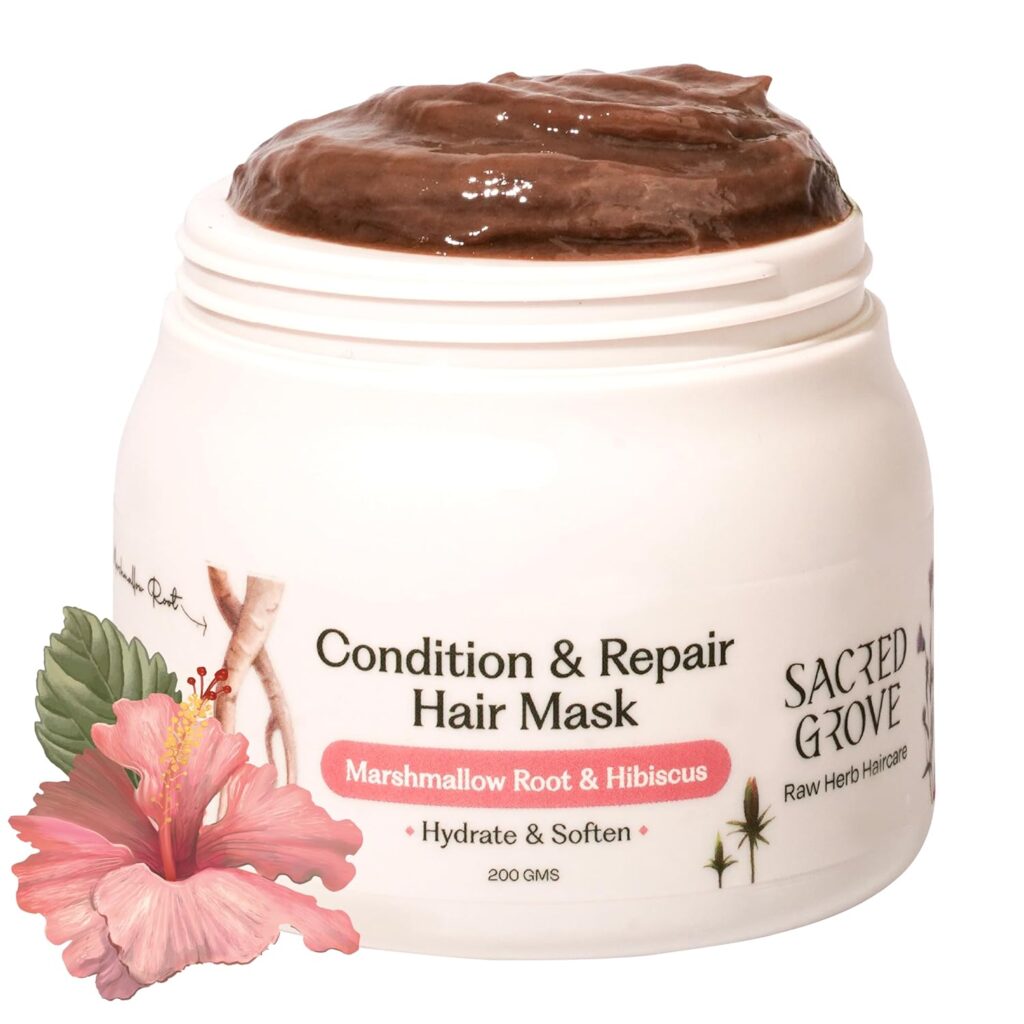 Sacred Grove Condition & Repair Hair Mask for Dry Frizzy Hair | Natural Deep Conditioning Hair Mask for damaged hair with Flaxseed, Marshmallow Root & Hibiscus | Herbal Hair Spa | Paraben, Sulphate, Chemical-Free | 200g