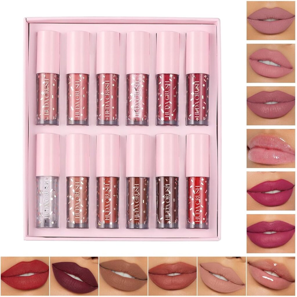 HUDACRUSH Mini Lipstick Combo Set - Pack of 12 Matte Lipsticks Waterproof, Includes Red, Nude, Brown, Lip Gloss & Glitter Lipstick for Dusky Skin Tone - Gift Set for Women