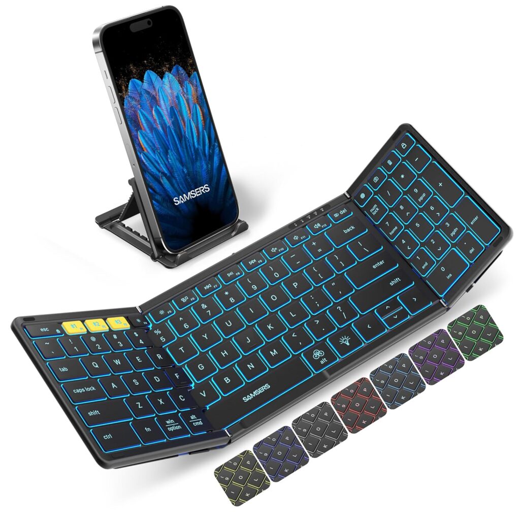 Samsers Foldable Bluetooth Keyboard with Numeric Keypad, Full-Size Wireless Folding Keyboards with Backlight, Portable Travel for iOS Android Windows Mac OS, Support 3 Device(BT5.1 x 3), Black