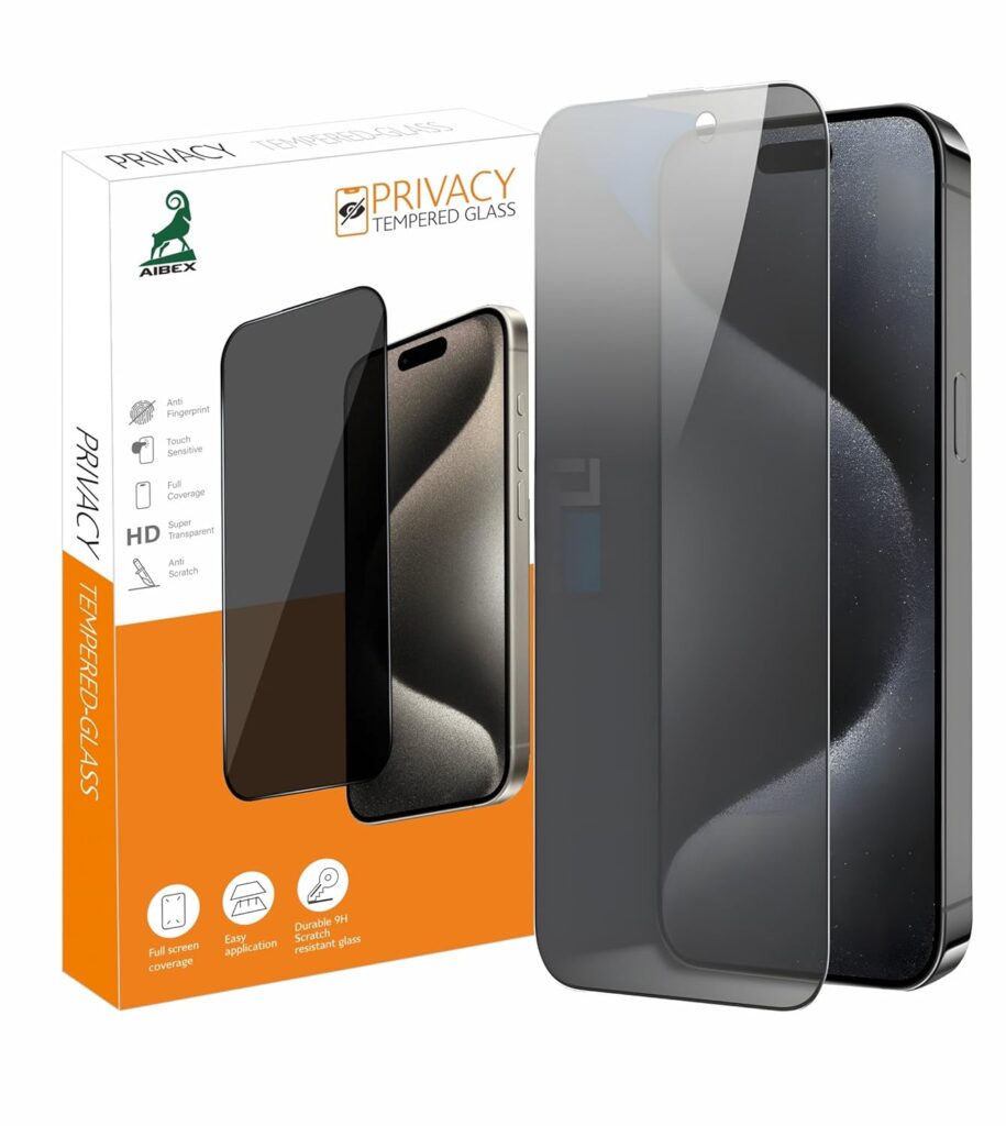 AIBEX Privacy Tempered Glass for iPhone 15 Pro Max – 9H Hardness Anti-Spy Screen Guard, Anti-Fingerprint, Water & Dust Resistant, Edge-to-Edge Full Coverage, Bubble-Free Installation, HD Clarity