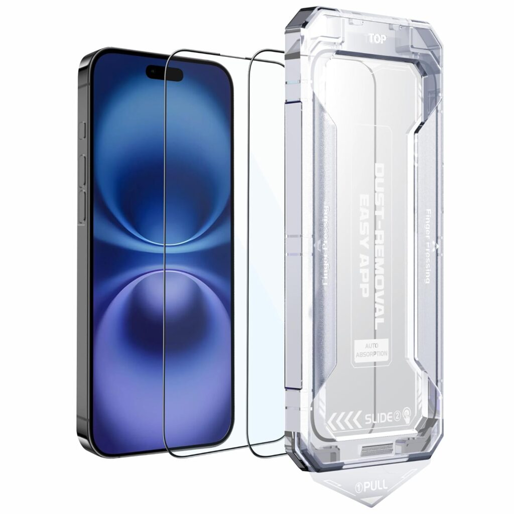 Affix 2 Pack for iPhone 16 Plus /iPhone 15 Plus Tempered Glass, Screen Protector Guard with Easy Fix Auto Dust-Elimination Tool, 9H Hardness Shatterproof, Edge to Edge Coverage HD Clear Scratch Resistant