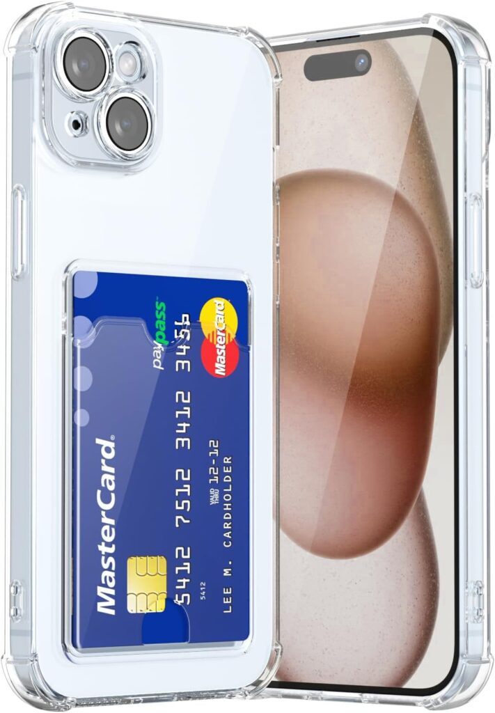 Amazon Basics Premium Shockproof Transparent TPU Back Case Cover with Built-in Slim Card Holder Wallet for Apple iPhone 15 - Clear