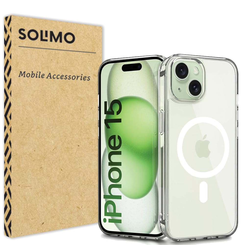 Amazon Brand - Solimo Back Case Cover for iPhone 15 Compatible with MagSafe | Sleek Hard Crystal Clear Back | Shockproof Mobile Case for iPhone 15 (PC & TPU, Transparent)