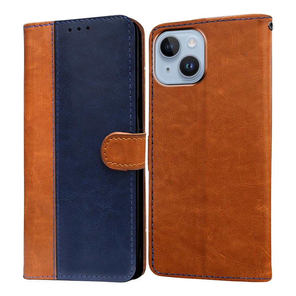 Amazon Brand- Solimo Flip for Apple iPhone 14 Plus (Leather_CamelBlue)