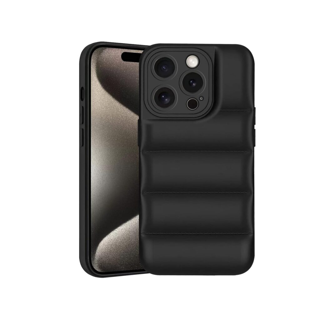 Amazon Brand - Solimo Rubber Puffer Case Camera Protection Soft Back Cover for Apple iPhone 15 Pro Max -Black