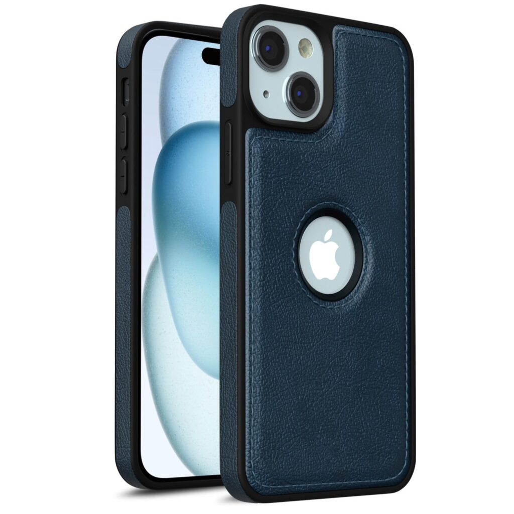 Amazon basics Back Cover for iPhone 15 Plus | Flexible Pu Leather | Full Camera Protection | Raised Edges | Super Soft-Touch | Bumper Case (Blue)