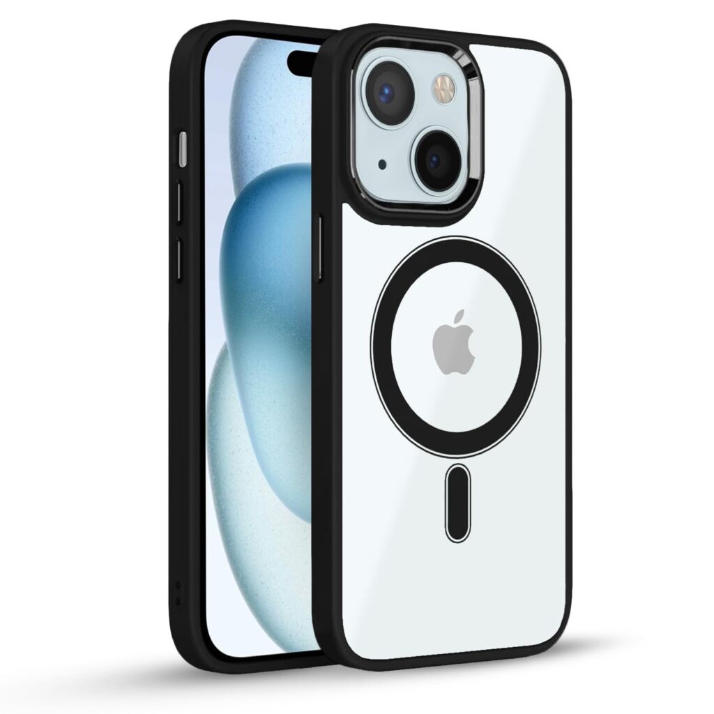 Amazon basics Back Cover for iPhone 15 Plus| Support Mag-Safe Wireless Magnetic Charging | Hybrid Crystal Clear Transparent Case [TPU + Polycarbonate] (Black)