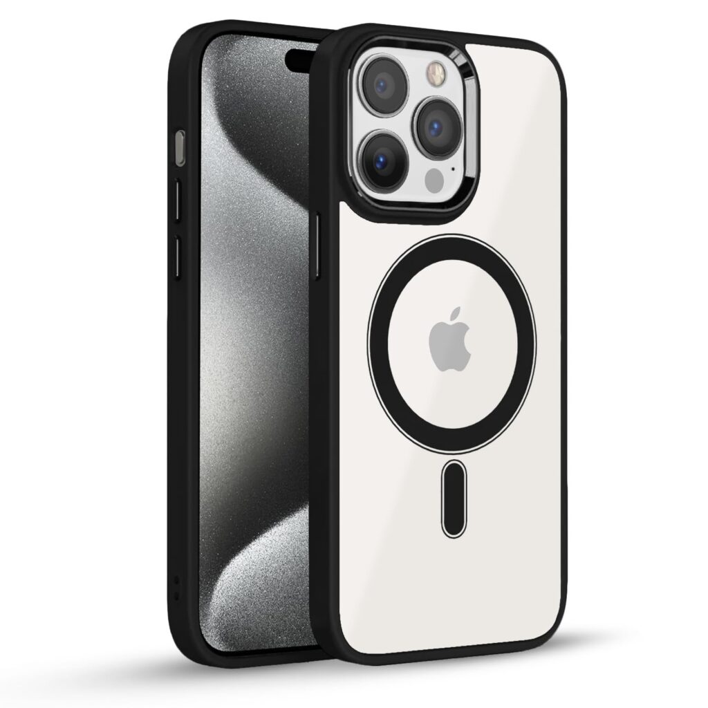 Amazon basics Back Cover for iPhone 15 Pro Max| Support Mag-Safe Wireless Magnetic Charging | Hybrid Crystal Clear Transparent Case [TPU + Polycarbonate] (Black)