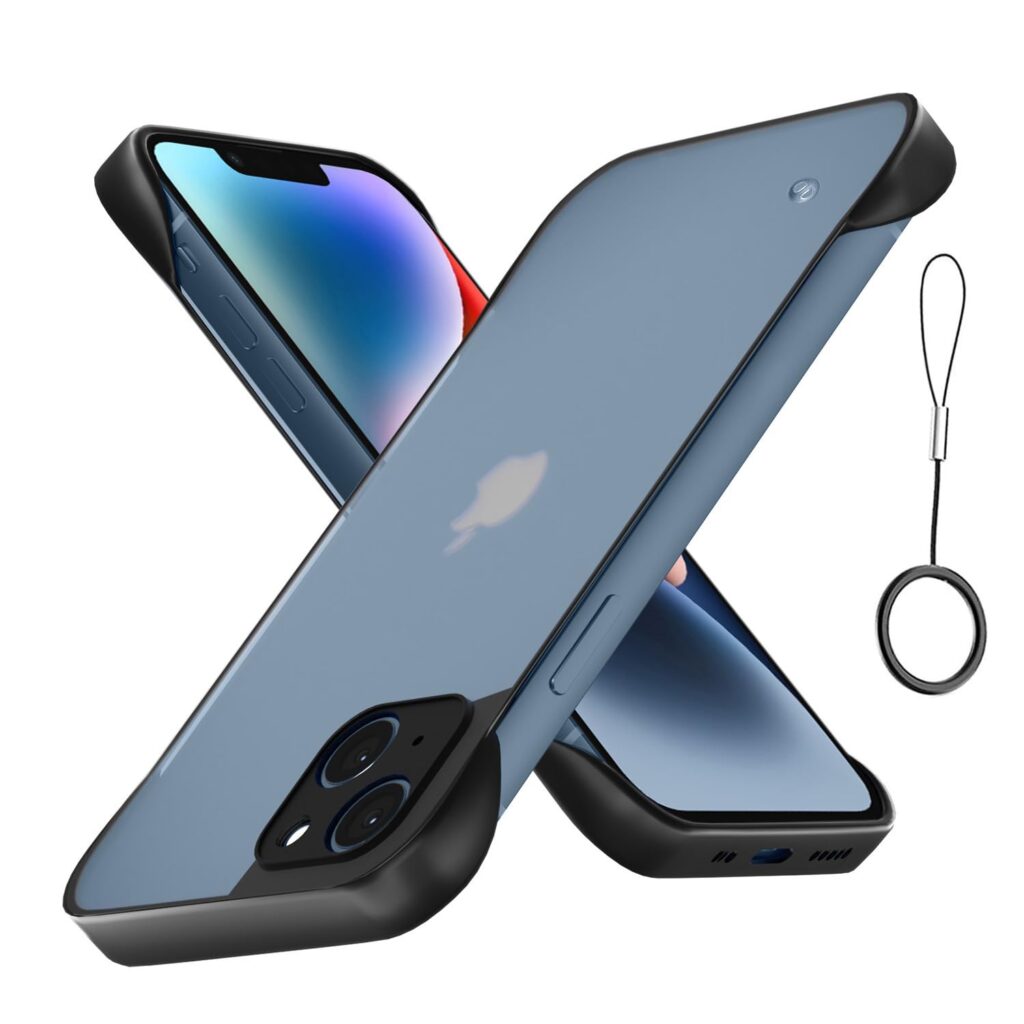 Amazon basics Cover for iPhone 14 |Hybrid Frameless|Full Camera Protection|Raised Edges|Frosted Matte Translucent Bumper Case(Black)