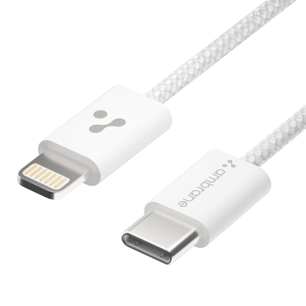 Ambrane Type-C to Lightning Cable, 22.5W Fast Charging Cable Compatible with iPhone 14, 13, 12,11, X, 8, 7, 6, 5, Pro,Max, iPad, Macbook, iMac, AirPods, Supports CarPlay, 1.2m (ABTL-Q12, White)