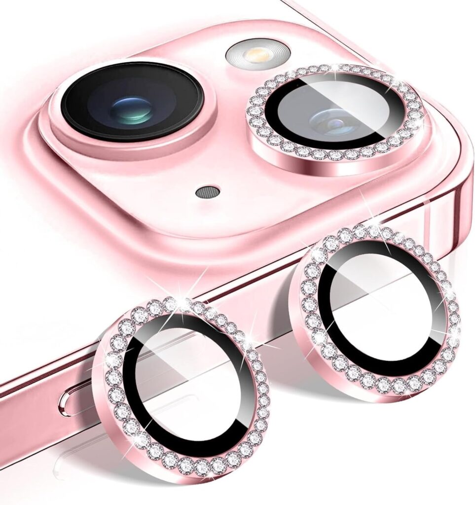 Anks Creation Bling Diamond Camera Lens Protector Compatible for iPhone 15/15 Plus (Pink)