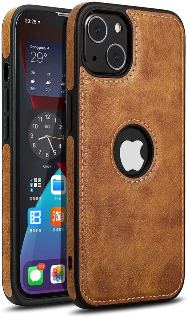 Back CoverMobile Cover i Phone 14 Plus Premium Pu Leather Logo Cut Back Cover Case Drop Camera Protection Slim Cover for iPhone iPhone 14Plus (Brown)