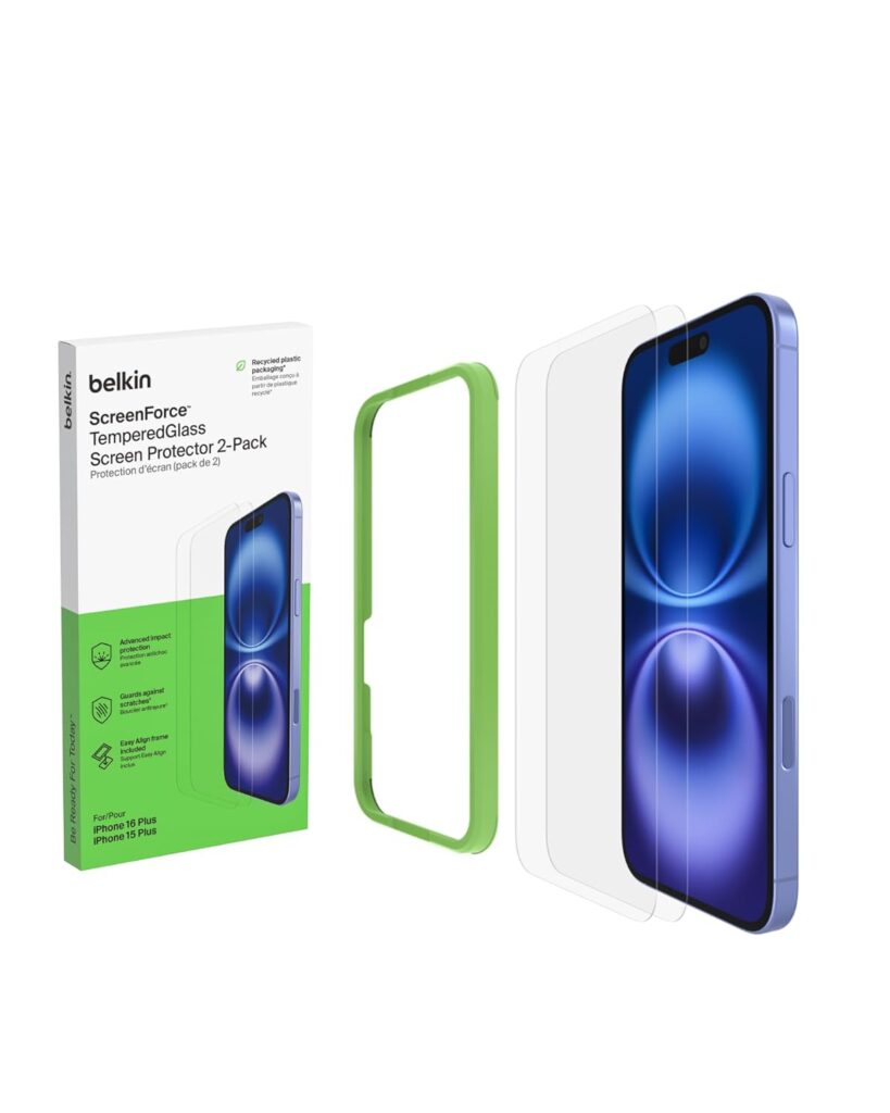 Belkin Tempered Glass Screen Protector Guard for iPhone 16, 15 Plus - 2 Pack Smartphone