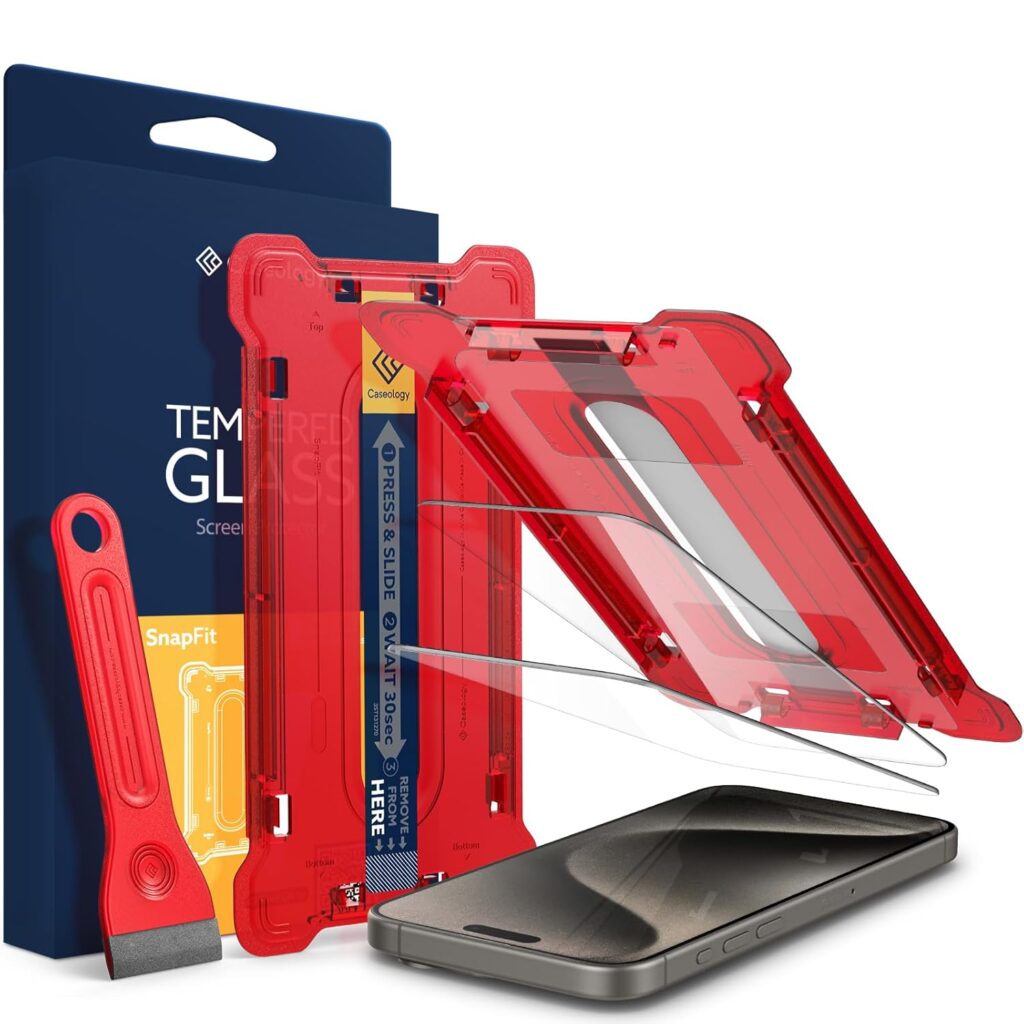 CASEOLOGY By Spigen Snap Fit Tempered Glass Screen Guard Protector Compatible With Iphone 15 Pro Max With Easy Installation Kit - 2 Pack for Smartphone