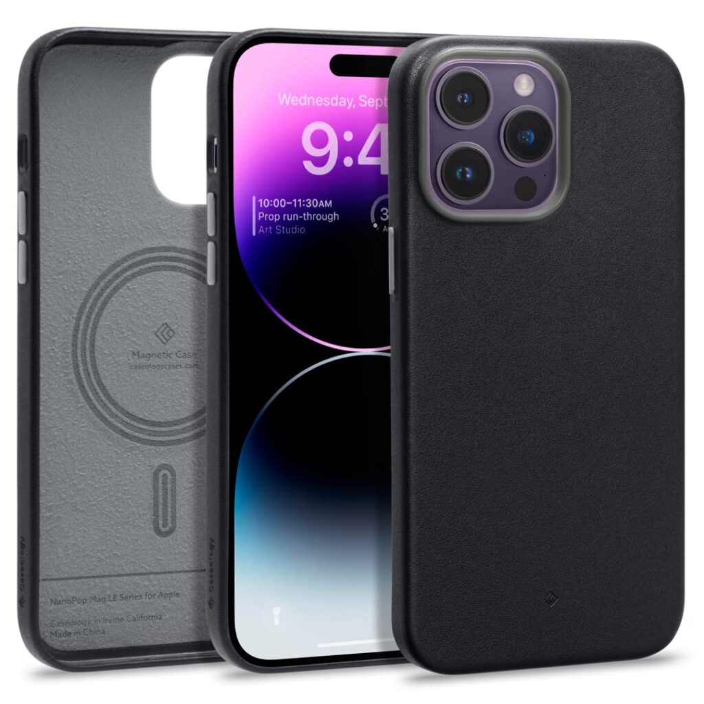 CASEOLOGY by Spigen Nano Pop Mag Leather Back Cover Case Compatible for iPhone 14 Pro Max (Faux Leather and Polycarbonate|Black Sesame)