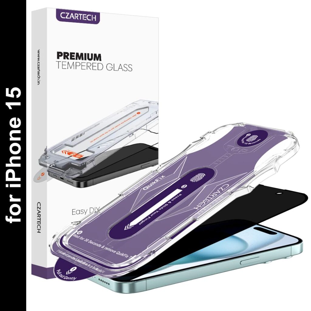 CZARTECH Auto-Align Privacy Tempered Glass for iPhone 15 Edge to Edge Screen Guard Protector 9H Glass with Quik Fix Application kit.