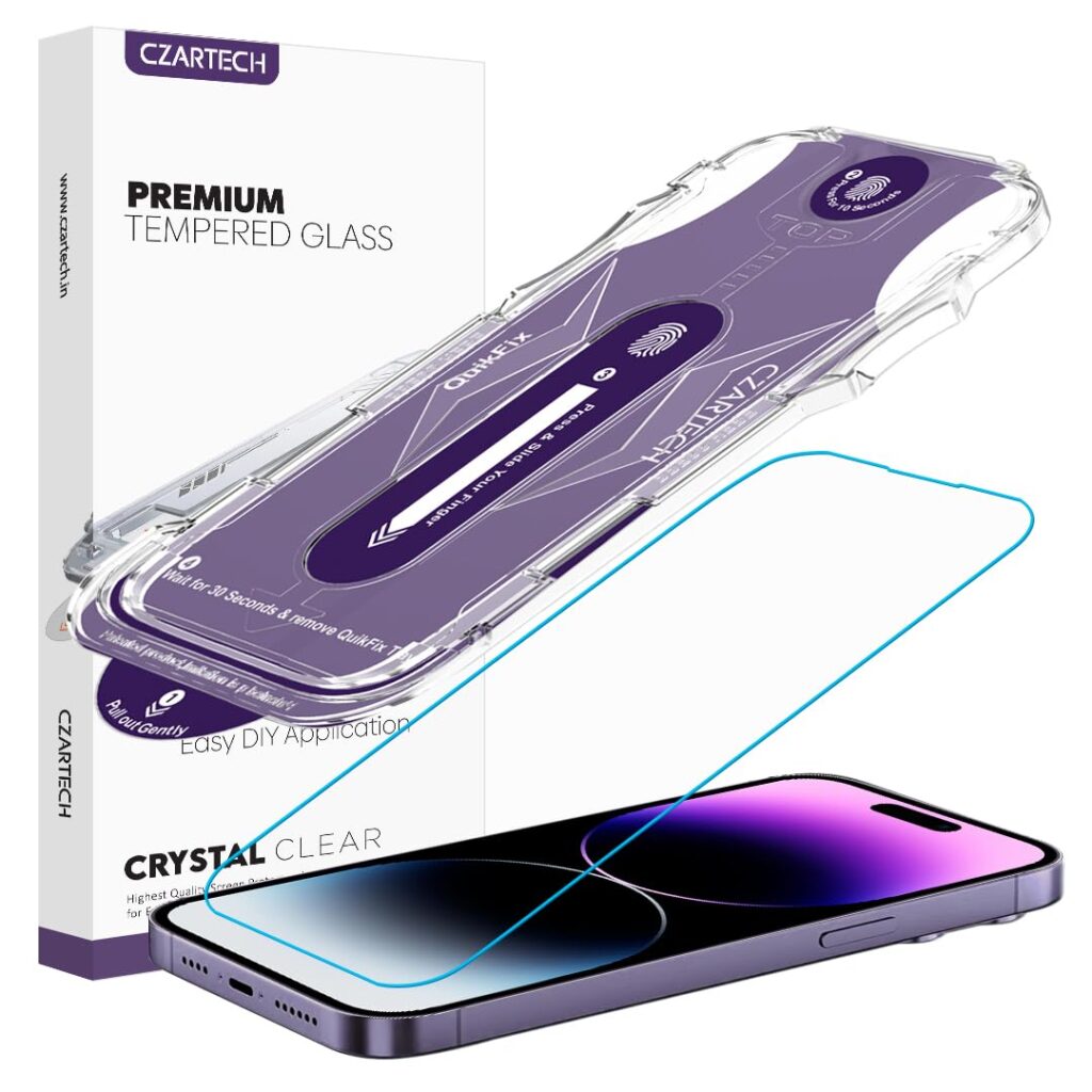 CZARTECH Auto Align Tempered Glass for iPhone 14 Pro Quick Fix Screen Guard Protector with Easy Installation Kit | Bubble free | Scratch Proof | Schock Proof (Pack of 1)