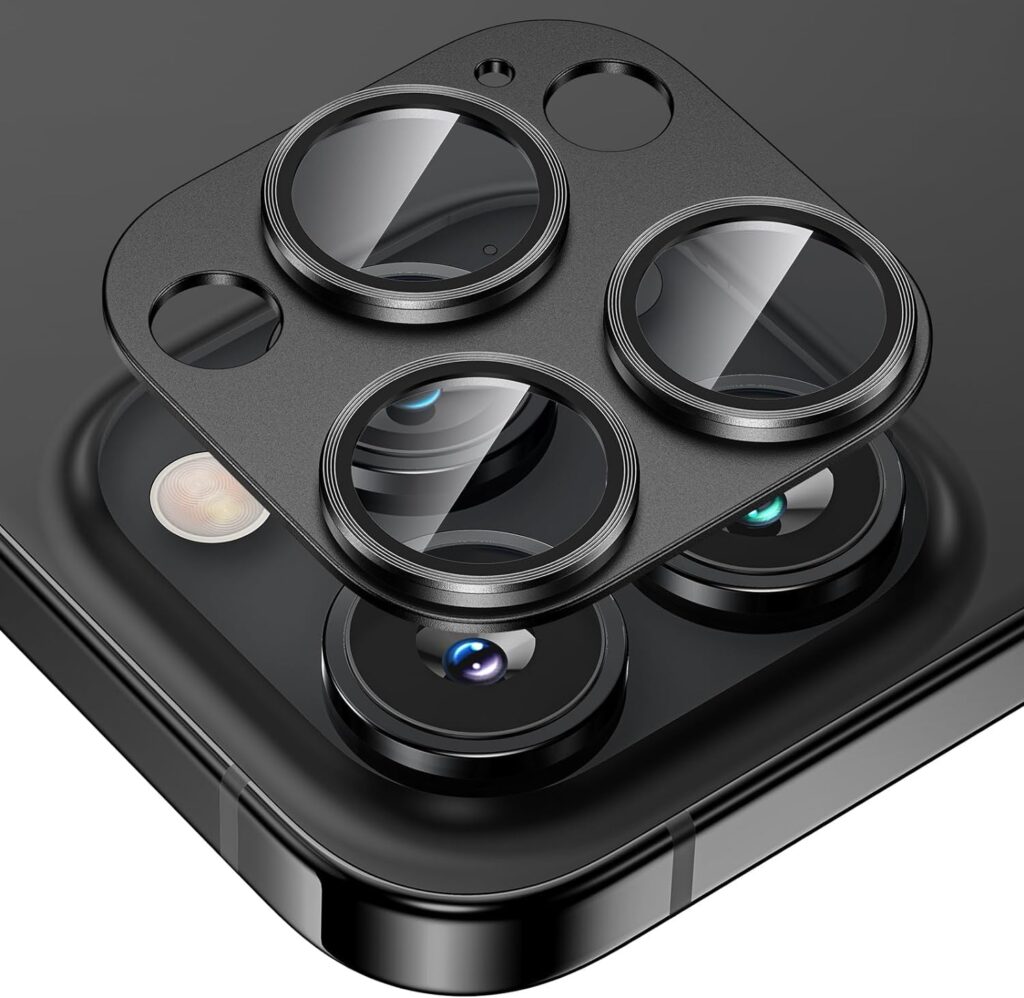 Camera Lens Protector for iPhone 15 Pro/iPhone 15 Pro Max - Alloy Metal Cover with Tempered Glass Protector - Easy Installation, (Pack of 1, Black)