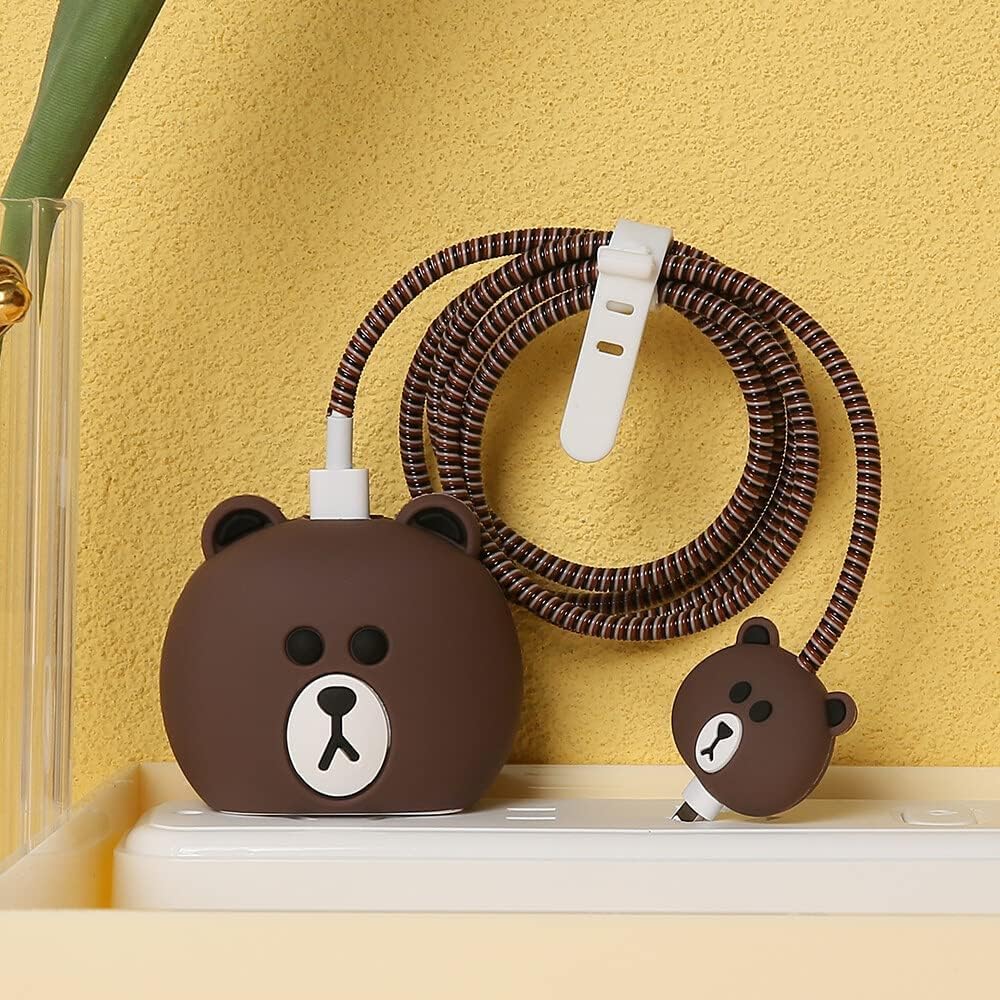 Cartoon 3D Design Protective Case for 18W 20W iPhone 14 13 12 11 Pro Max Fast Charging Cable Adapter Charger, Cute Cartoon Lightning Data Cable Case for iPhone Charger Brown Bear