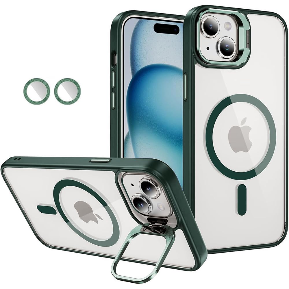Casotec Back Cover | Compatible with MagSafe | Adjustable Camera Ring Stand | with Tempered Glass Camera Lens Ring | Magnetic PC & TPU Kickstand Case Cover for Apple iPhone 15 Plus (Green)