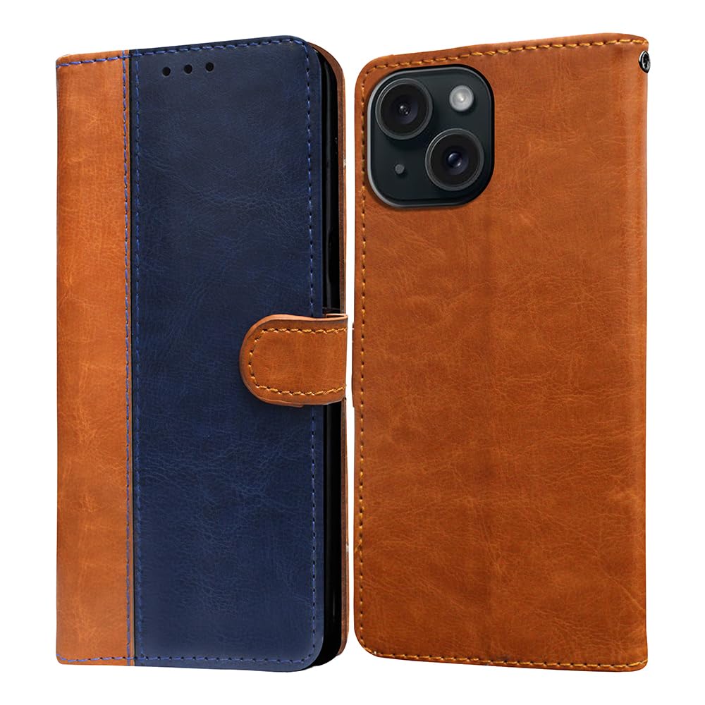 Casotec Flip Cover Back Case for Apple iPhone 15 Plus | Premium Leather Finish | Inbuilt Pockets & Stand | Flip Cover Back Case for Apple iPhone 15 Plus (CamelBlue)