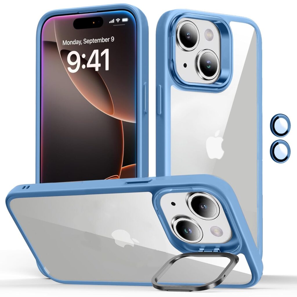 CoversKART for iPhone 14 Plus Back Cover, Military-Grade Protective Case, Built-in Stash Stand Phone Case, Scratch-Resistant Back Case, Clear, Serria Blue