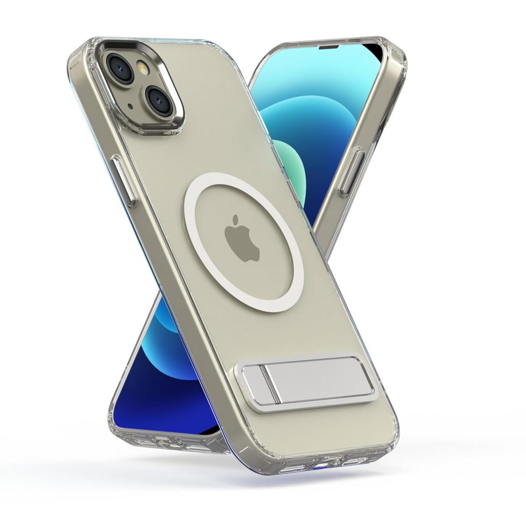 Cubix® Back Cover Case for Apple iPhone 15 Plus Clear Transparent Hard PC with Foldable Metal Kickstand | Alloy Buttons | Camera Lens Protector | Magnetic Wireless | Charging Shockproof Design