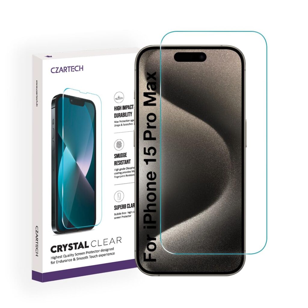 Czartech Tempered Glass Screen Guard Protector Full Screen Protector For iPhone 15 Pro Max (6.7 Inch) with Easy Cleaning Kit (Pack of 1)